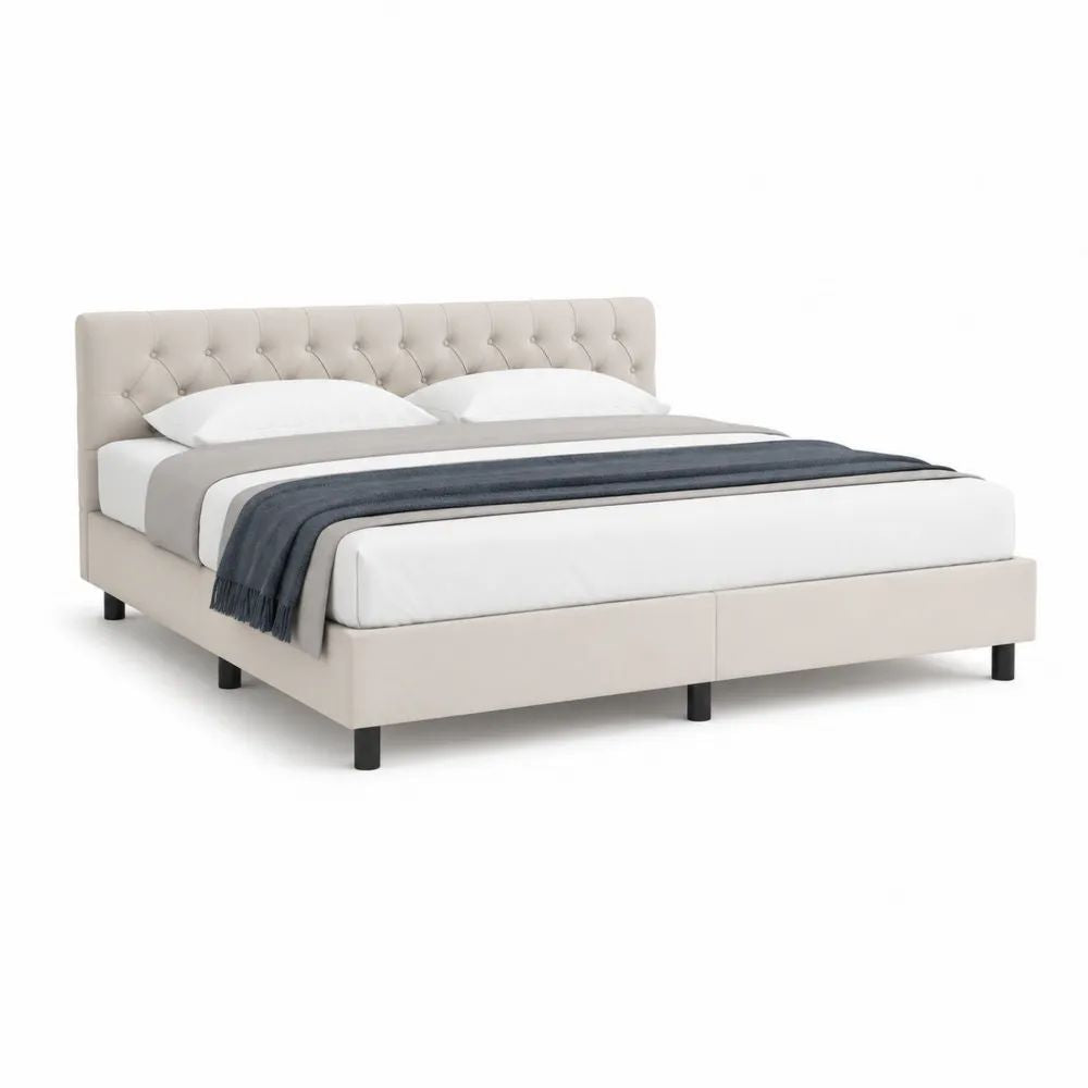 Lit double rembourré beige 180 x 200 cm avec tête de lit capitonnée, cadre en bois et pieds noirs