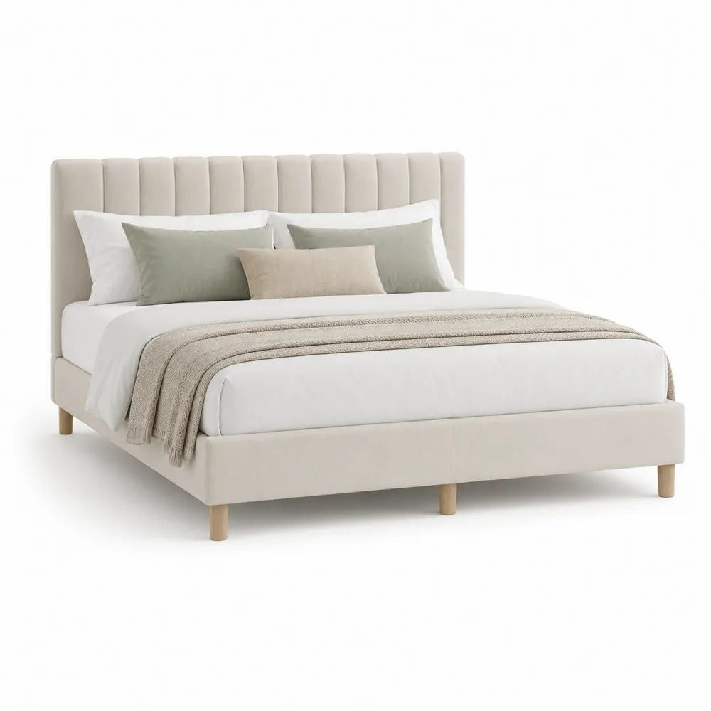 Lit double rembourré en tissu beige avec sommier à lattes et tête de lit, couchage 160 × 200 cm, dimensions 213 × 169 × 110 cm