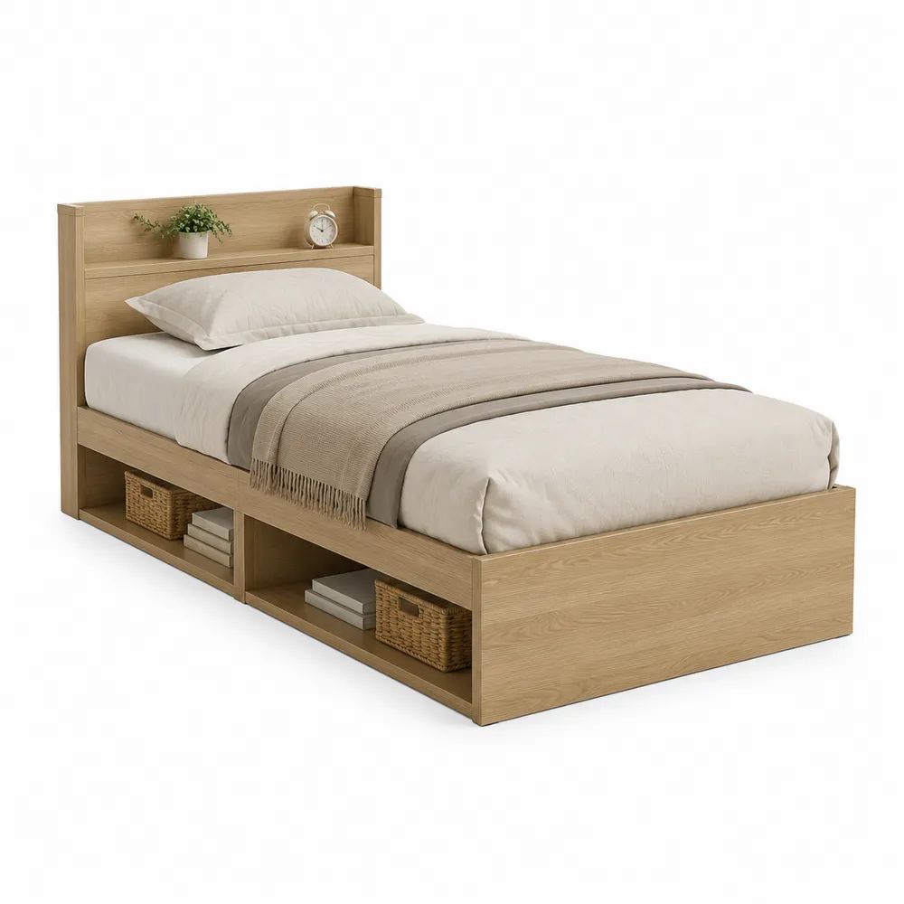 Lit simple 90 x 190 cm en panneaux de particules mélaminés avec tête de lit étagère et rangements, chêne clair