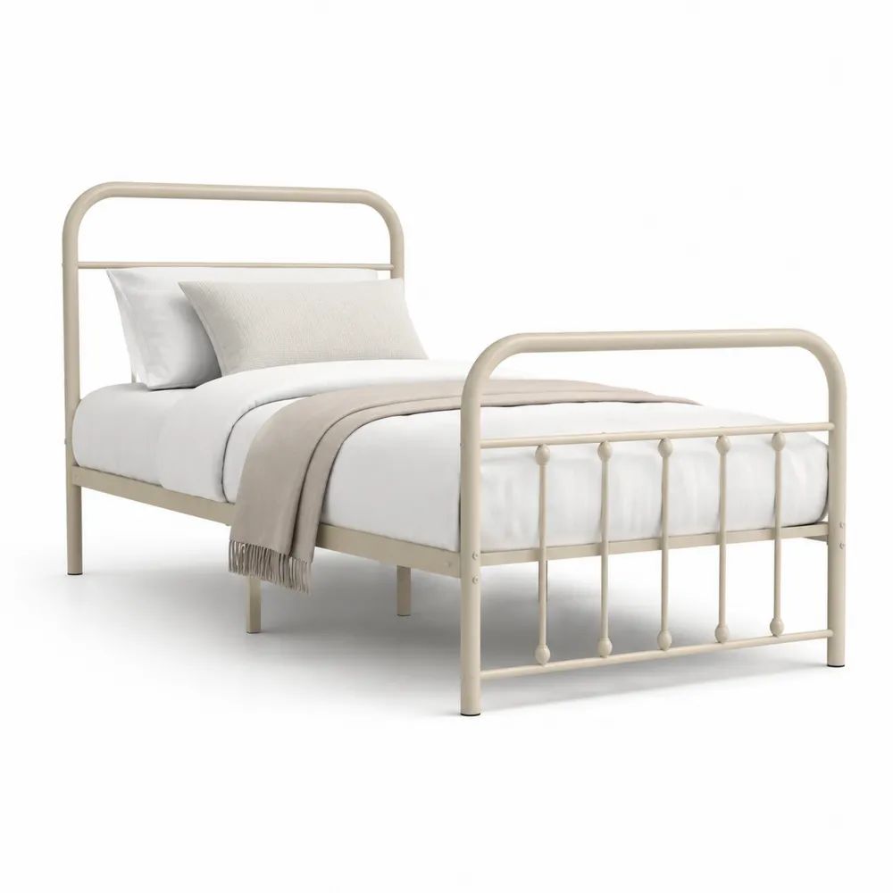 Lit simple 90 x 190 cm en acier thermolaqué ivoire avec sommier à lattes