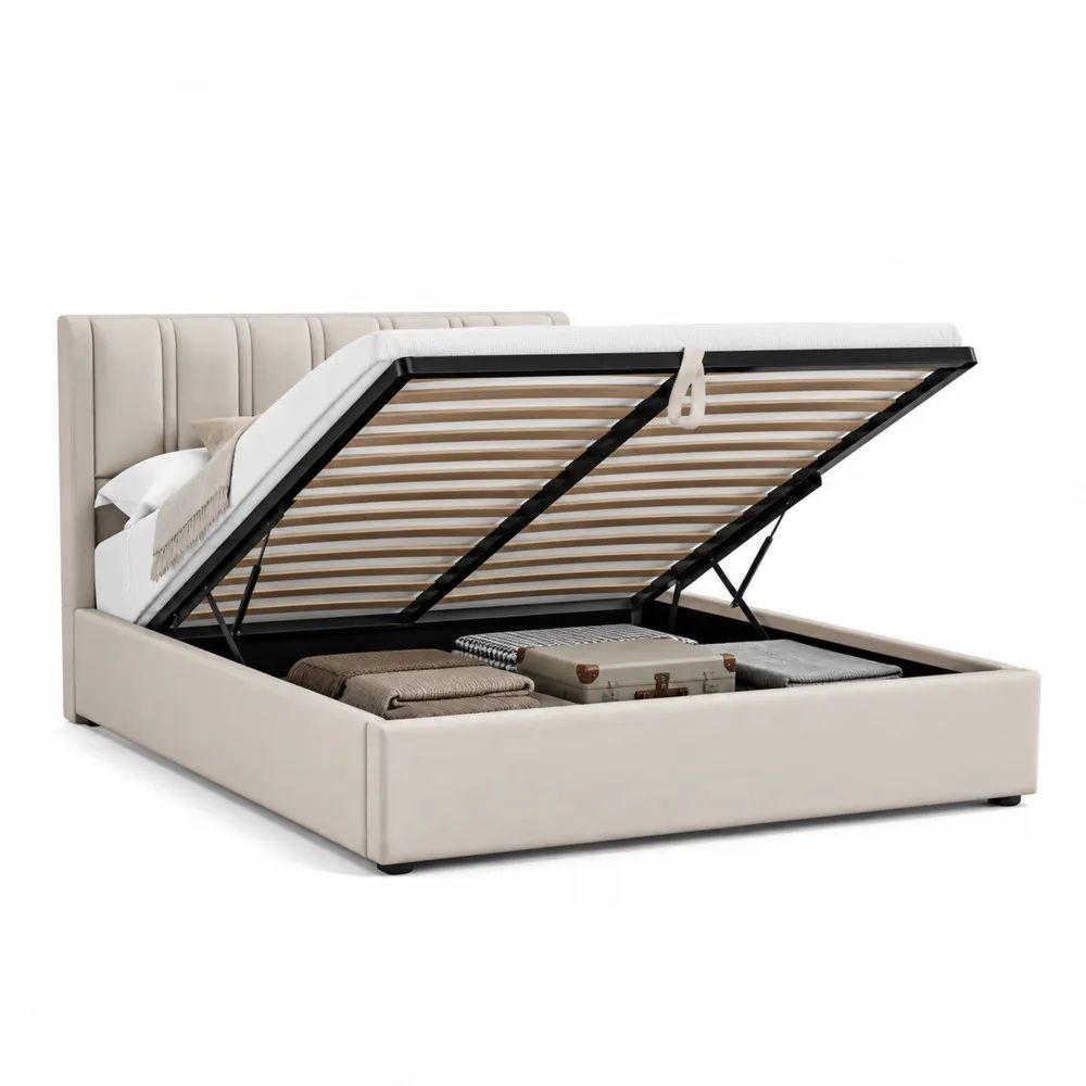 Lit coffre 160 x 200 cm beige et noir avec sommier relevable, revêtement en tissu et tête de lit rembourrée