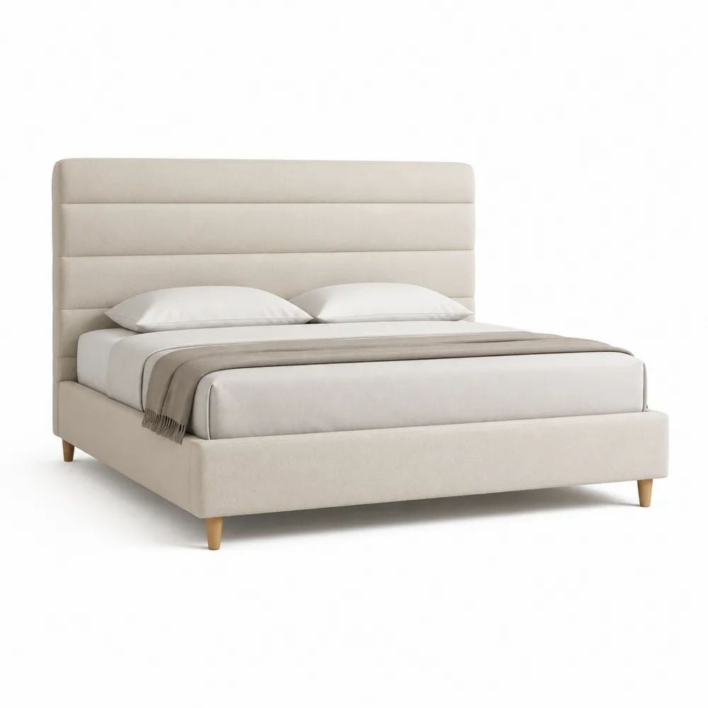 Lit double rembourré en tissu beige avec tête de lit à panneaux, couchage 160 × 200 cm, dimensions 218 × 176 × 120 cm
