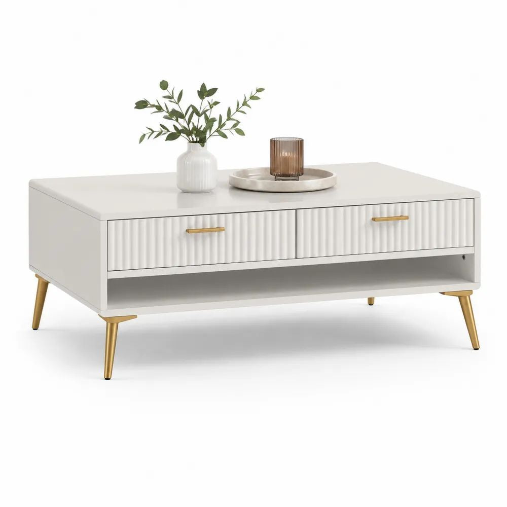 Table basse rectangulaire en MDF blanc et acier doré avec 2 tiroirs et niche ouverte, 100 × 50 × 45 cm
