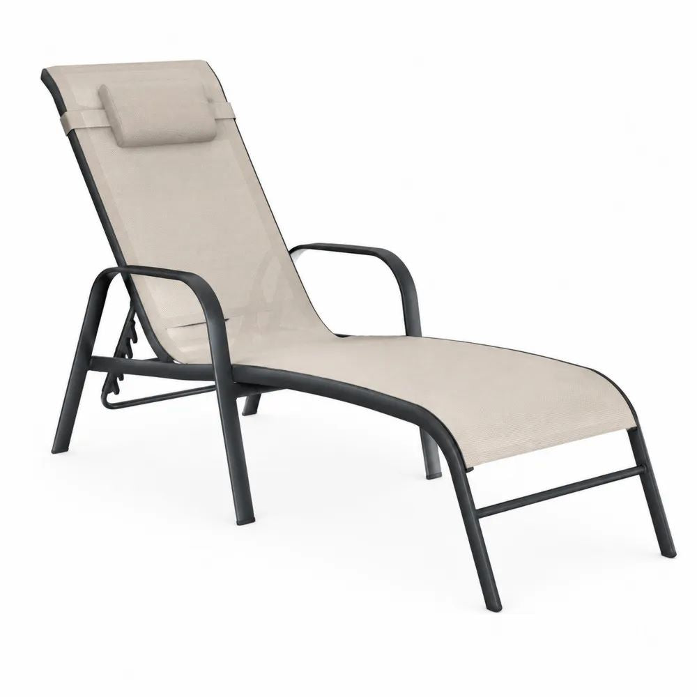 Bain de soleil incurvé réglable en acier et textilène beige et noir, 200 × 58 × 32–96 cm