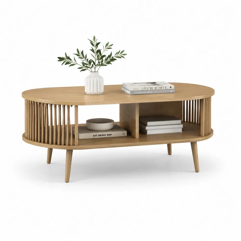 Table basse ovale avec rangement en MDF plaqué chêne et bois massif, chêne naturel, 110 × 55 × 45 cm