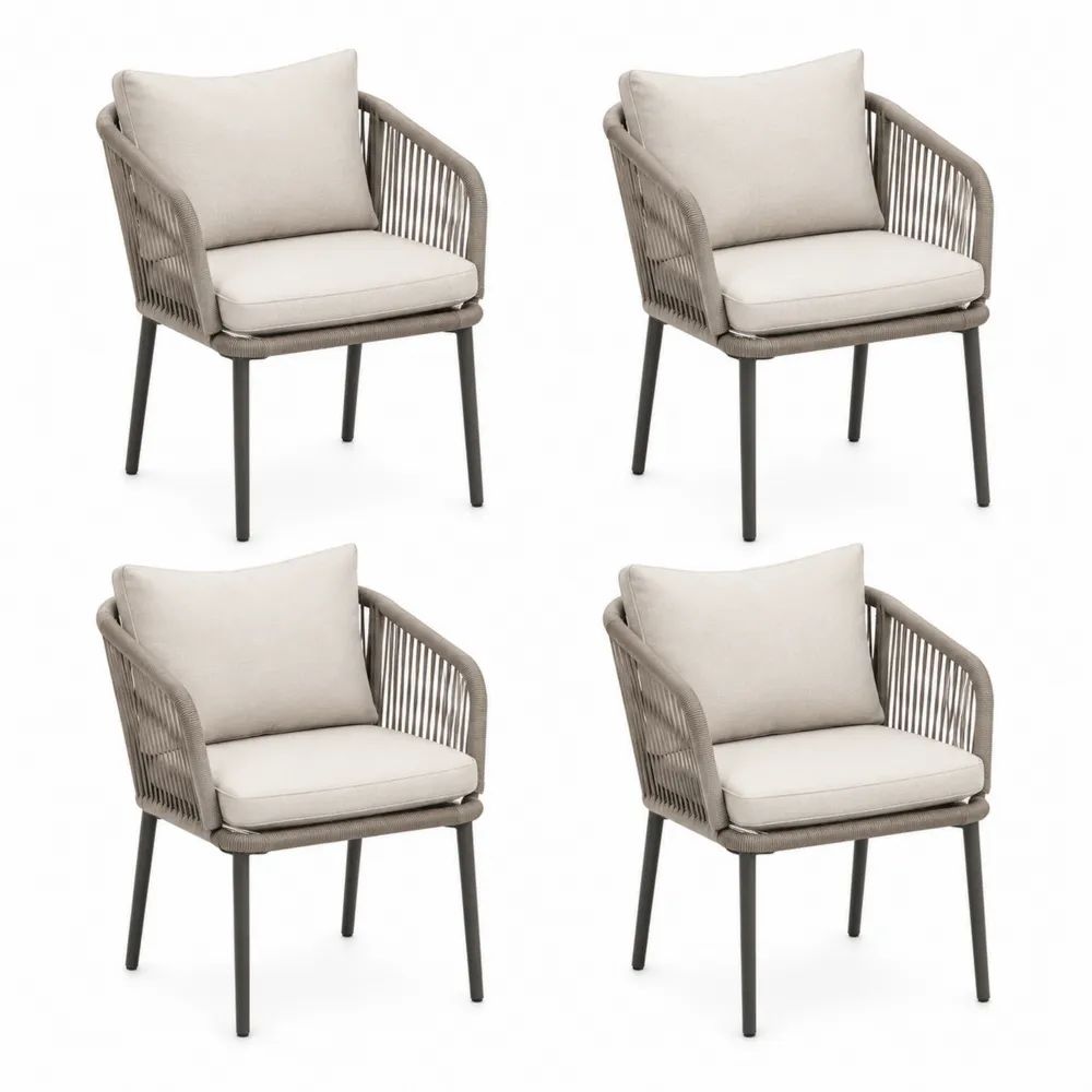 Lot de 4 fauteuils de jardin en corde et acier avec coussins, 60 × 62 × 82 cm, beige clair, taupe et anthracite