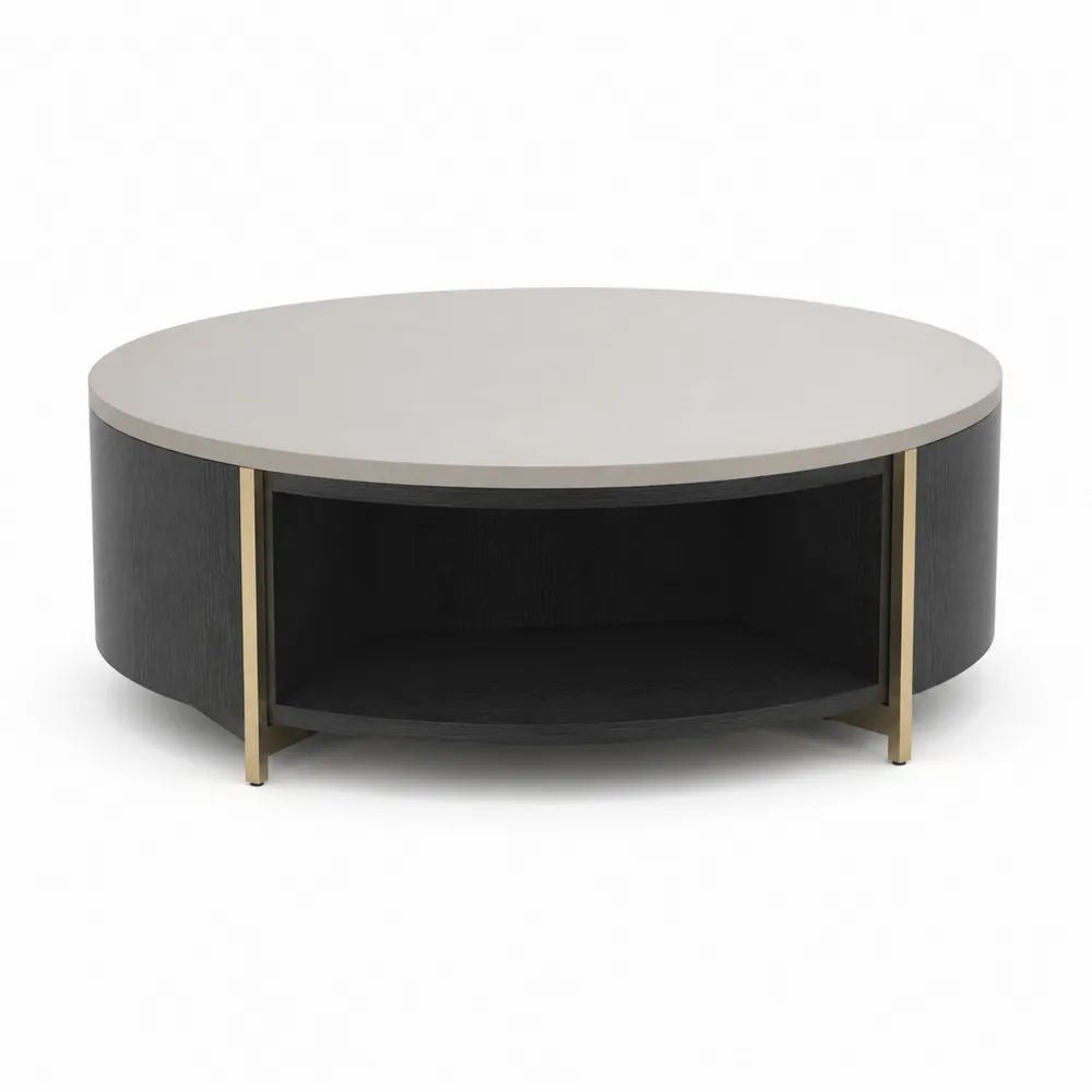 Table basse ronde avec rangement en MDF plaqué frêne noir, plateau beige et pieds en acier doré, Ø 90 × H 40 cm