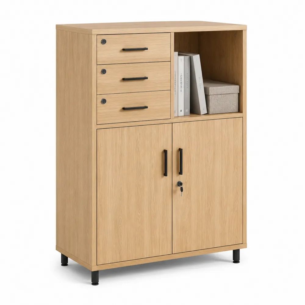 Armoire de bureau verrouillable en bois et métal avec 3 tiroirs, 2 portes et niche ouverte, chêne clair et noir, 80 × 40 × 120 cm