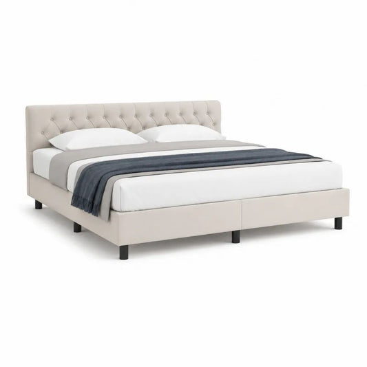 Lit double rembourré beige 180 x 200 cm avec tête de lit capitonnée, cadre en bois et pieds noirs