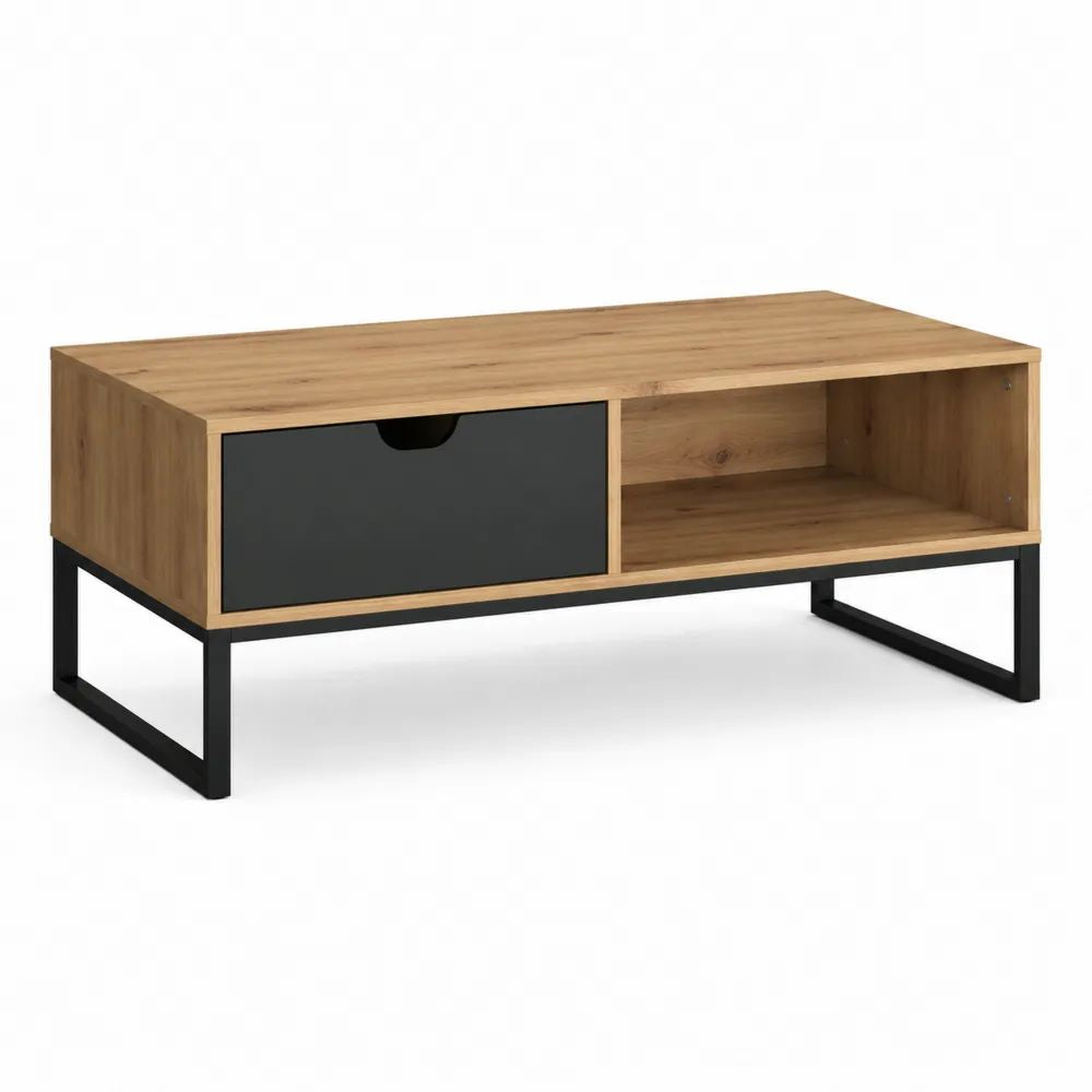 Table basse rectangulaire avec tiroir et niche en panneaux de particules mélaminés et acier, 100 x 50 x 45 cm, chêne naturel et noir