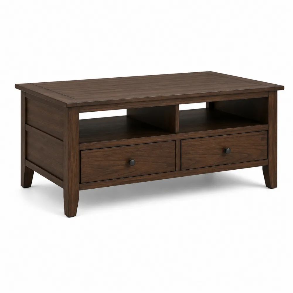 Table basse rectangulaire en bois avec 2 niches et 2 tiroirs, brun noyer et noir, 100 × 55 × 50 cm