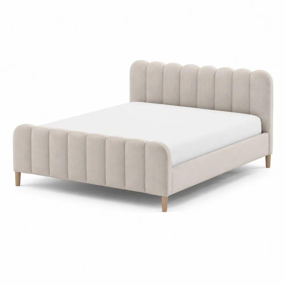 Lit double 160 × 200 cm en velours polyester beige, tête et pied de lit rembourrés, 216 × 171 × 110 cm