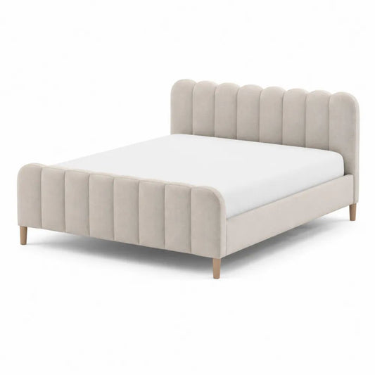 Lit double 160 × 200 cm en velours polyester beige, tête et pied de lit rembourrés, 216 × 171 × 110 cm