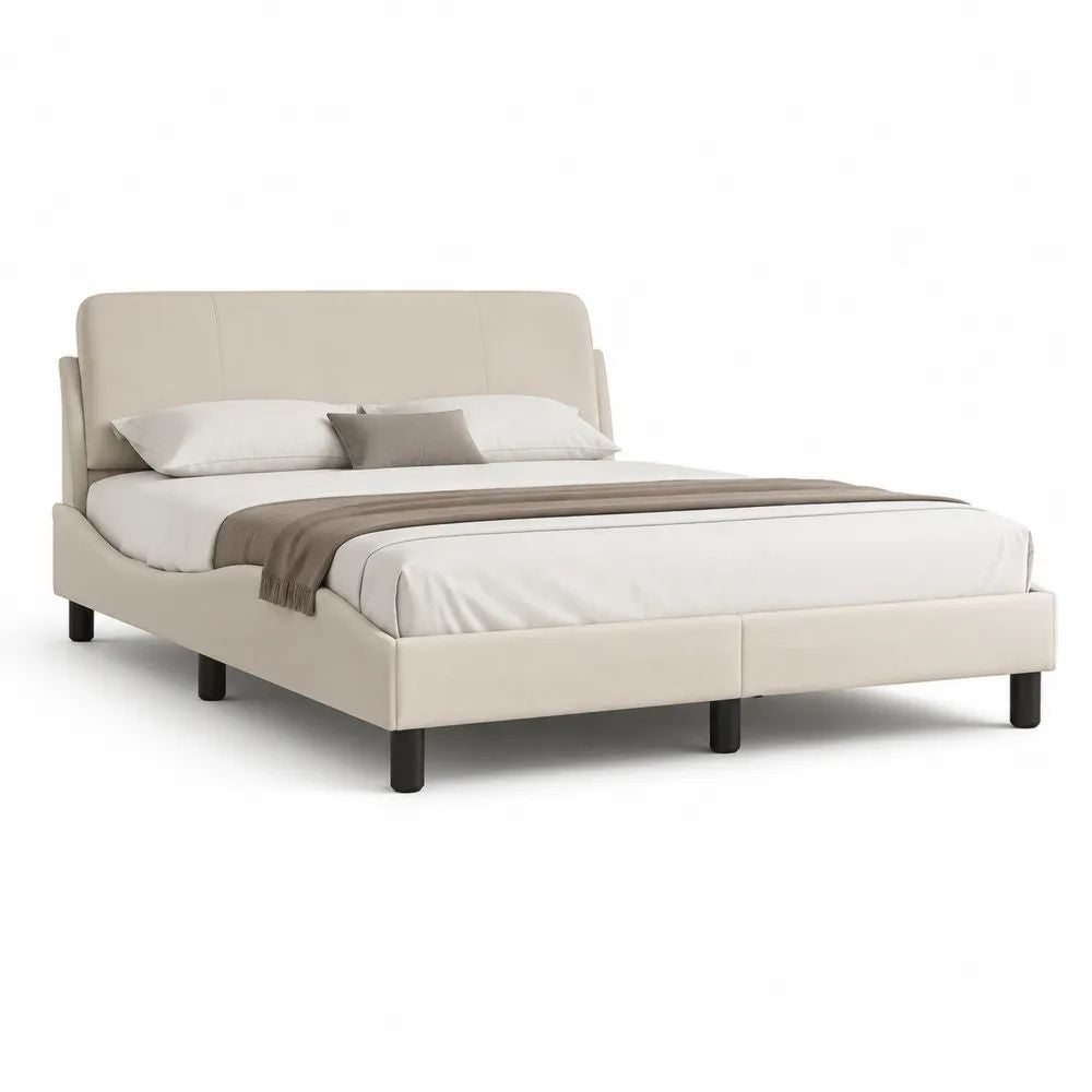 Lit double rembourré 160 x 200 cm en polyester beige avec tête de lit et sommier à lattes