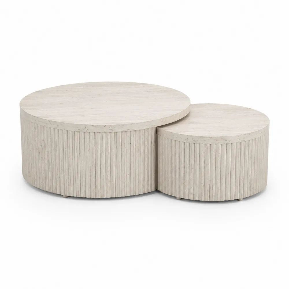 Lot de 2 tables basses gigognes rondes en bois beige clair, Ø 76 × H 41 cm et Ø 58 × H 35 cm