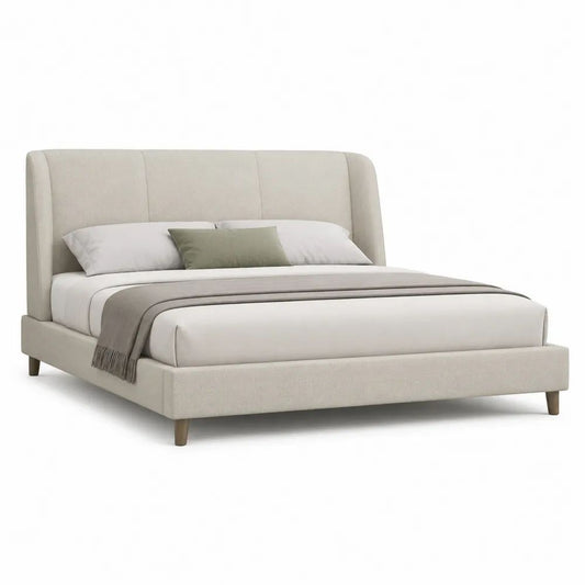 Lit double rembourré en tissu beige avec pieds bruns, couchage 160 x 200 cm, dimensions 220 x 180 x 110 cm, tête de lit haute et sommier à lattes