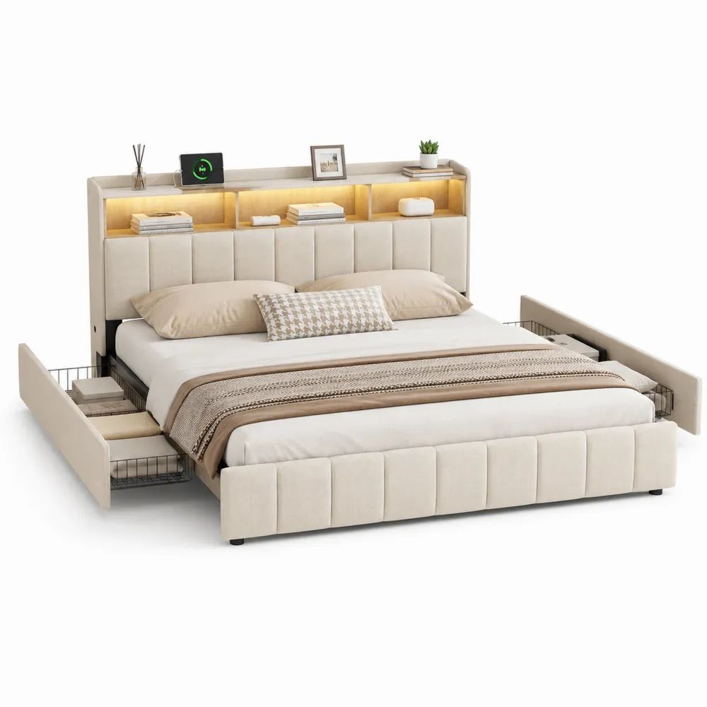 Lit double rembourré 160 x 200 cm en tissu beige et métal noir avec tête de lit à rangements, éclairage LED, recharge sans fil et 4 tiroirs