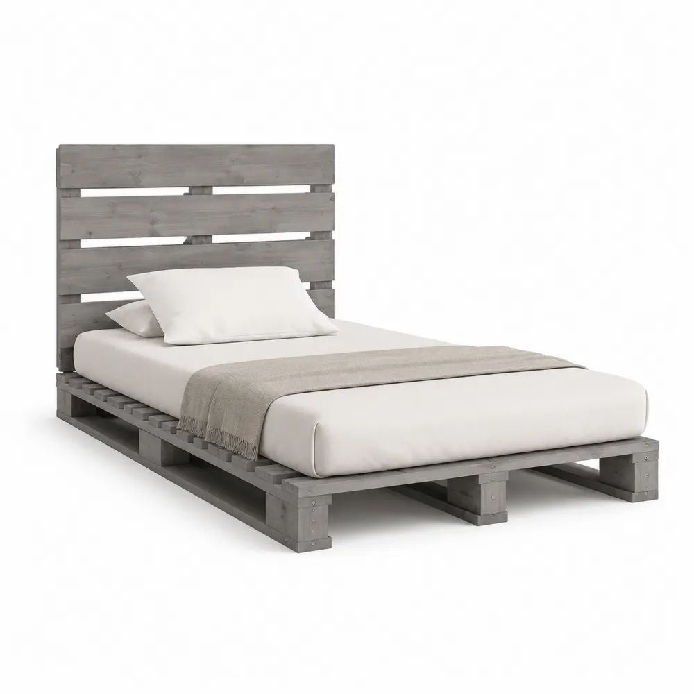 Cadre de lit simple 90 × 190 cm en pin massif gris avec tête de lit à lattes