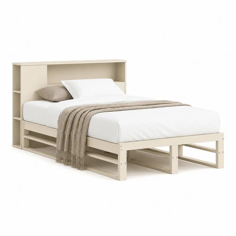 Lit double avec tête de lit à rangements en panneaux de particules mélaminés beige, couchage 140 x 190 cm, dimensions 215 x 146 x 110 cm