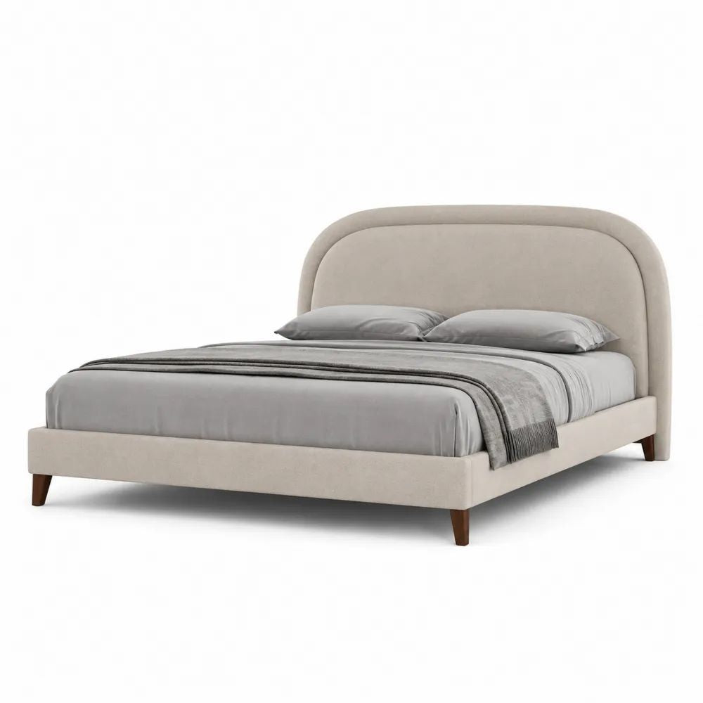 Lit double rembourré en tissu beige clair avec tête de lit arrondie, couchage 160 × 200 cm, dimensions 180 × 220 × 120 cm