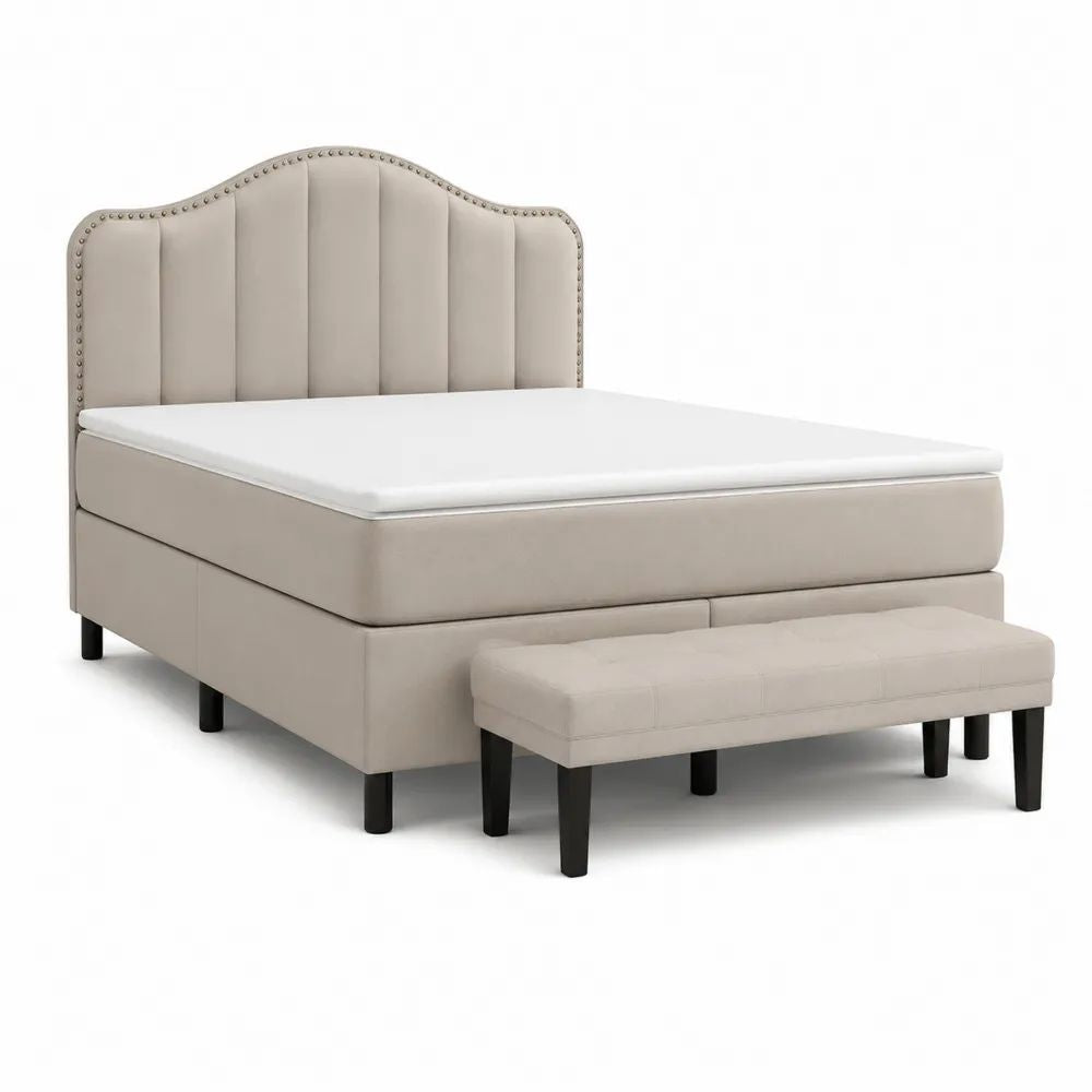 Lit double rembourré beige 160 x 200 cm avec matelas et banc, dimensions totales 217 x 171 x 132 cm