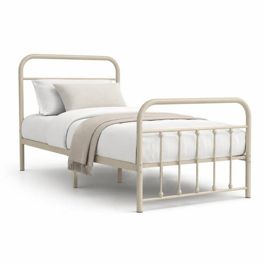 Lit simple 90 x 190 cm en acier thermolaqué ivoire avec sommier à lattes