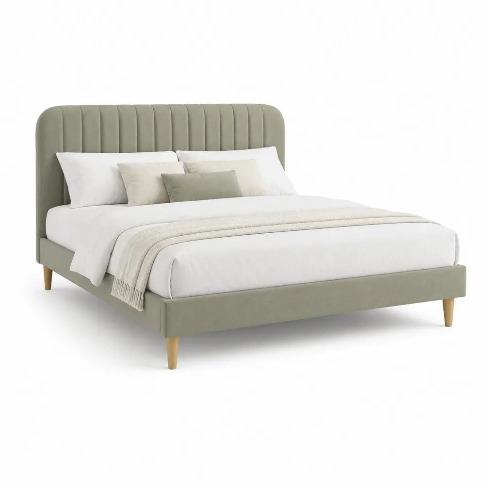 Lit double rembourré en velours vert sauge 160 × 200 cm avec tête de lit cannelée et sommier à lattes