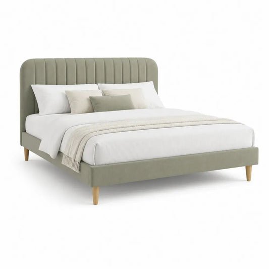 Lit double rembourré en velours vert sauge 160 × 200 cm avec tête de lit cannelée et sommier à lattes