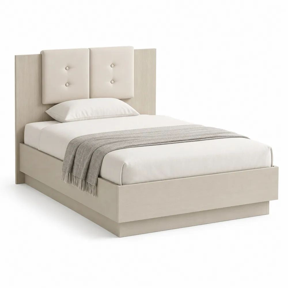 Lit double 140 x 190 cm en panneaux de particules beige clair et crème avec tête de lit rembourrée
