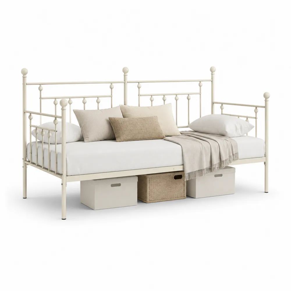 Lit-banquette 1 place en acier peint crème avec sommier, couchage 90 × 200 cm, dimensions 208 × 96 × 105 cm