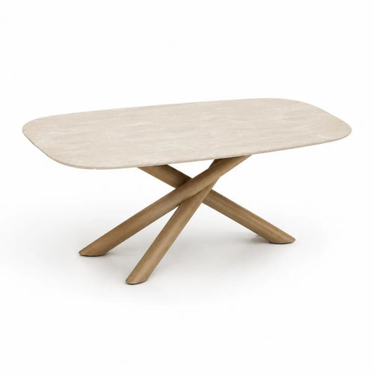 Table basse rectangulaire en céramique effet marbre et chêne massif, beige clair et marron clair, 120 × 60 × 45 cm
