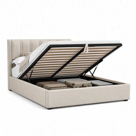 Lit coffre 160 x 200 cm beige et noir avec sommier relevable, revêtement en tissu et tête de lit rembourrée