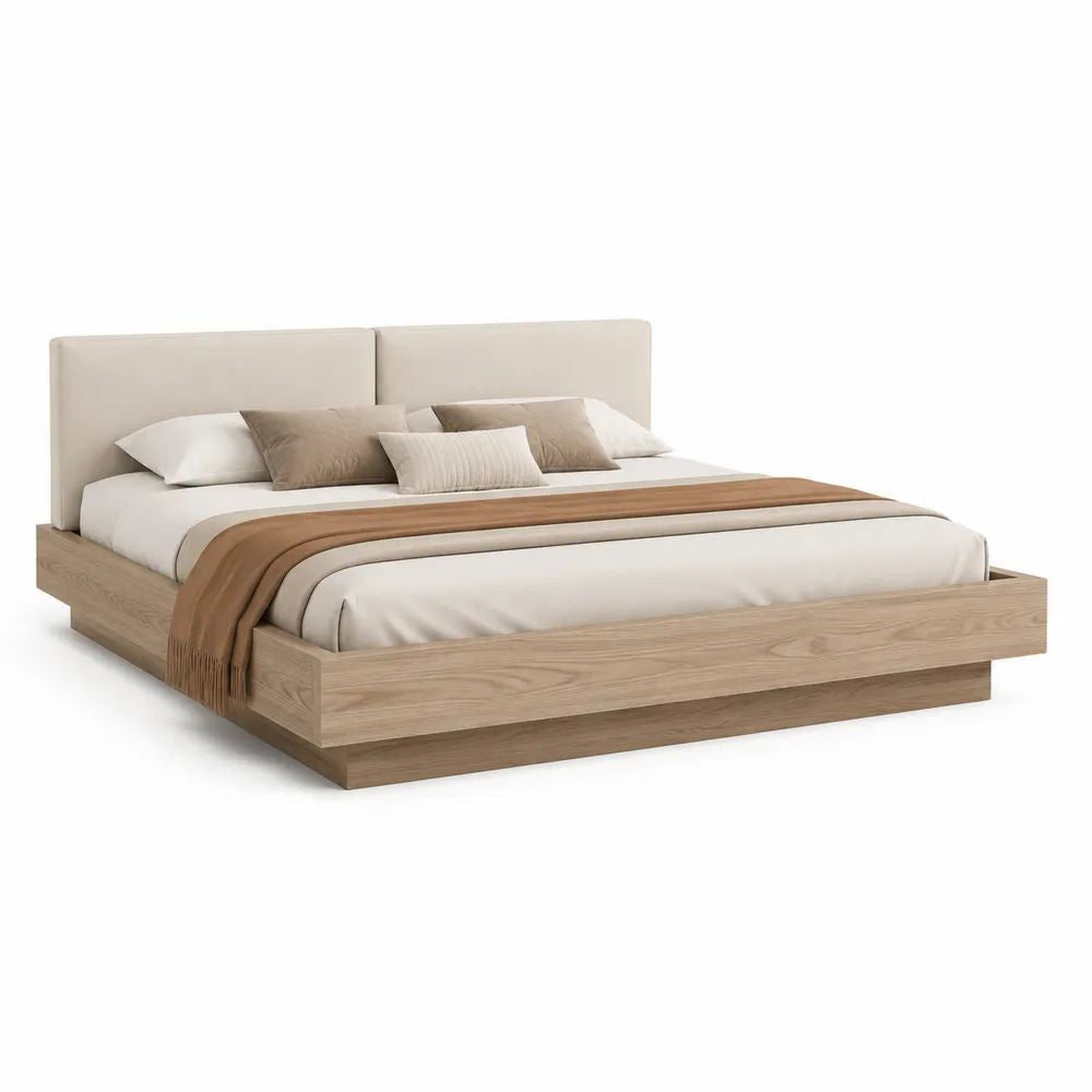 Lit double 180 × 200 cm en bois et tissu, tête de lit rembourrée beige, chêne clair, 220 × 218 × 105 cm