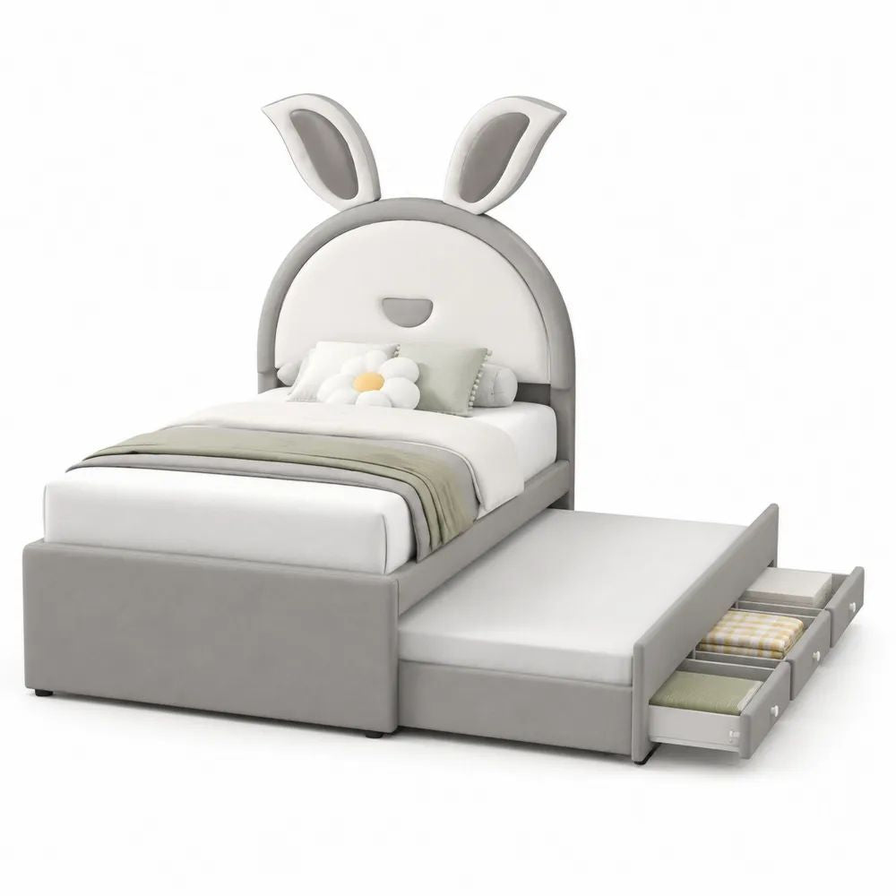 Lit enfant 90 × 190 cm avec lit gigogne 90 × 180 cm et 3 tiroirs, MDF, pin et tissu gris et blanc, tête de lit lapin