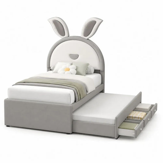 Lit enfant 90 × 190 cm avec lit gigogne 90 × 180 cm et 3 tiroirs, MDF, pin et tissu gris et blanc, tête de lit lapin