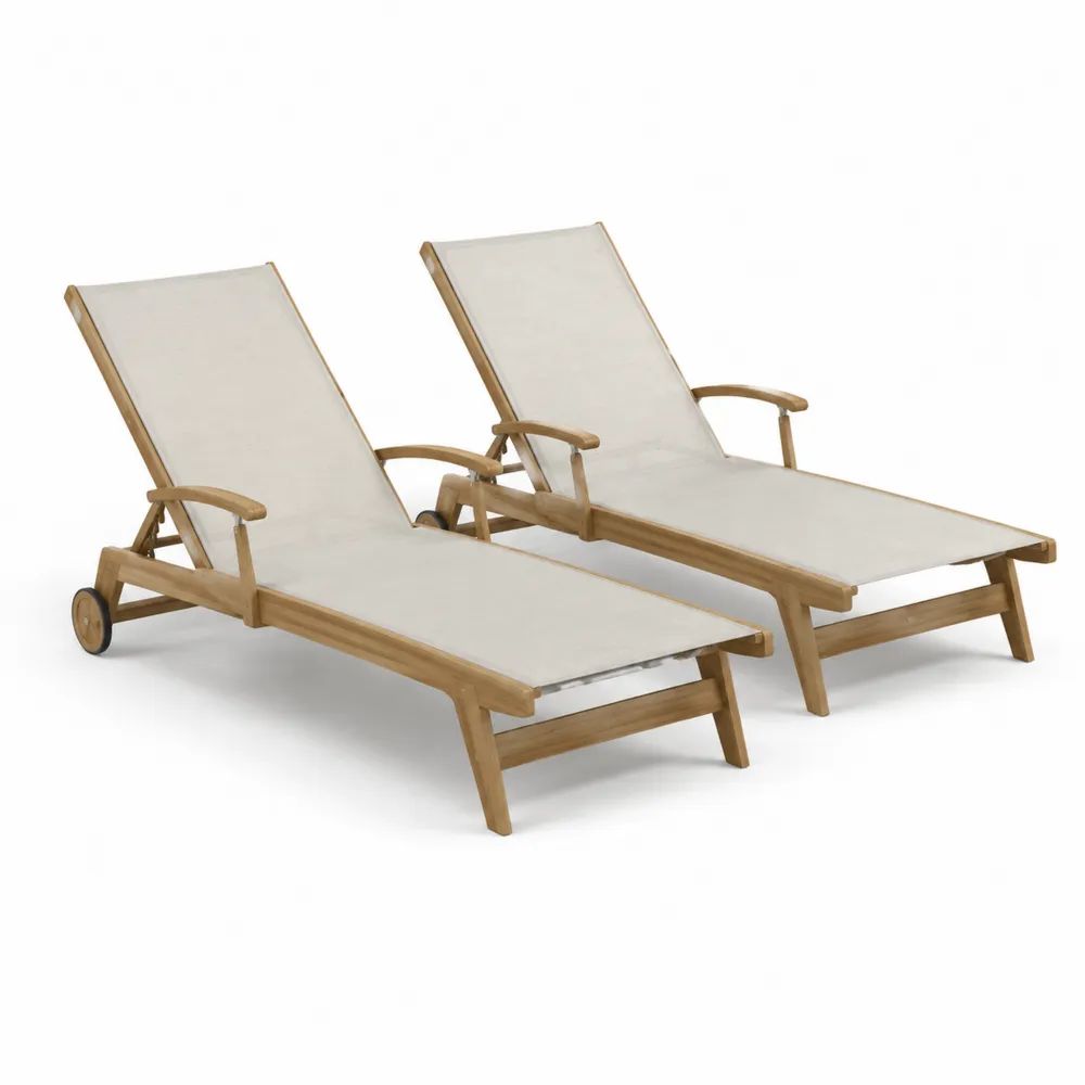 Lot de 2 bains de soleil réglables en bois d’acacia massif et textilène crème avec accoudoirs et roulettes, 200 × 65 × 35-95 cm