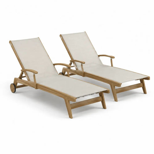 Lot de 2 bains de soleil réglables en bois d’acacia massif et textilène crème avec accoudoirs et roulettes, 200 × 65 × 35-95 cm