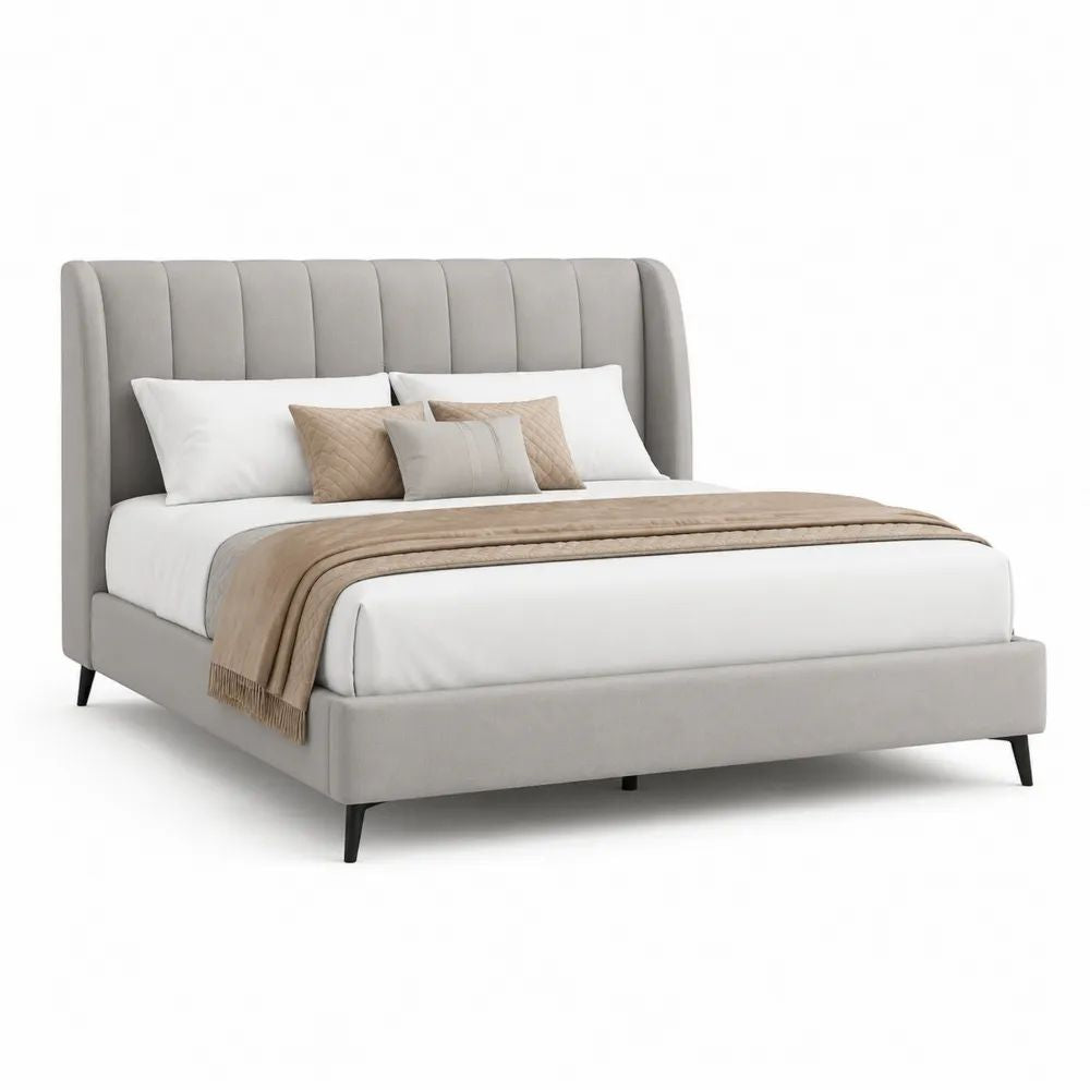 Lit double rembourré en tissu gris clair 160 × 200 cm avec tête de lit à oreilles et sommier à lattes