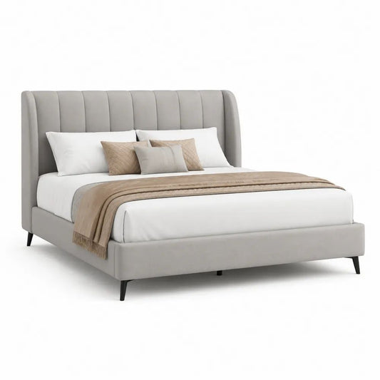 Lit double rembourré en tissu gris clair 160 × 200 cm avec tête de lit à oreilles et sommier à lattes