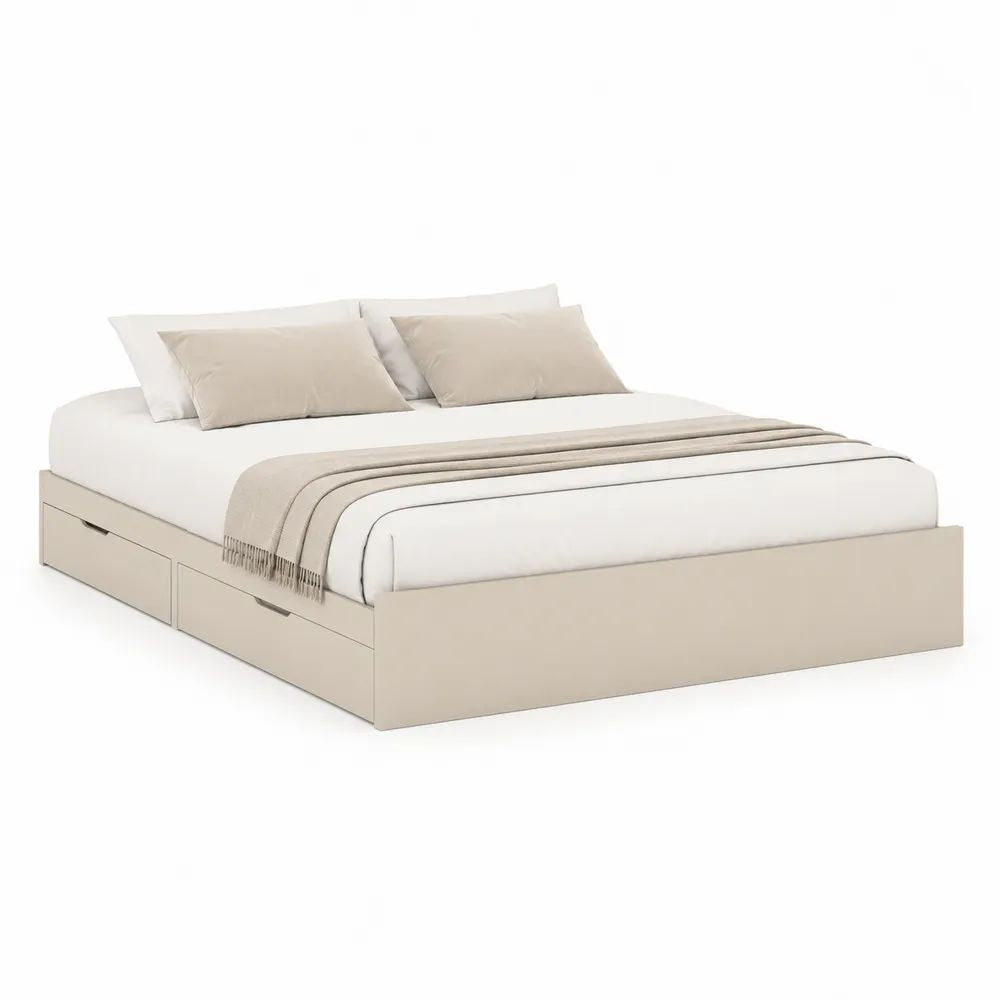 Lit plateforme 2 places beige avec 4 tiroirs de rangement en panneaux de particules, couchage 160 × 200 cm, dimensions 207 × 166 × 45 cm