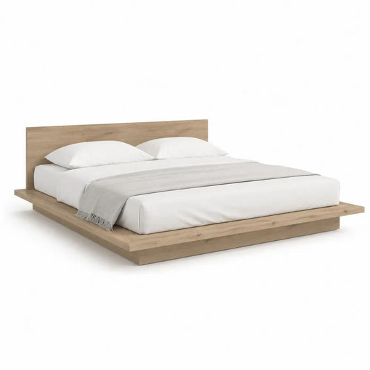 Lit plateforme 2 places en bois effet chêne clair, couchage 160 × 200 cm, dimensions 226 × 186 × 90 cm