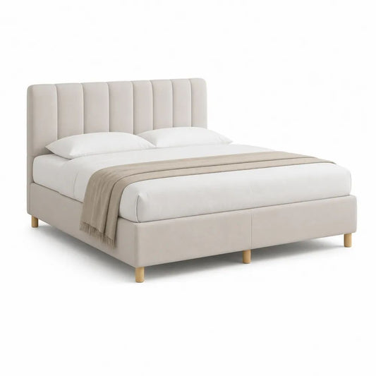 Lit double rembourré beige clair 160 × 200 cm avec sommier à lattes, tête de lit à panneaux verticaux et pieds en bois