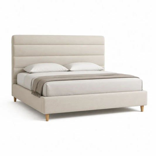 Lit double rembourré en tissu beige avec tête de lit à panneaux, couchage 160 × 200 cm, dimensions 218 × 176 × 120 cm