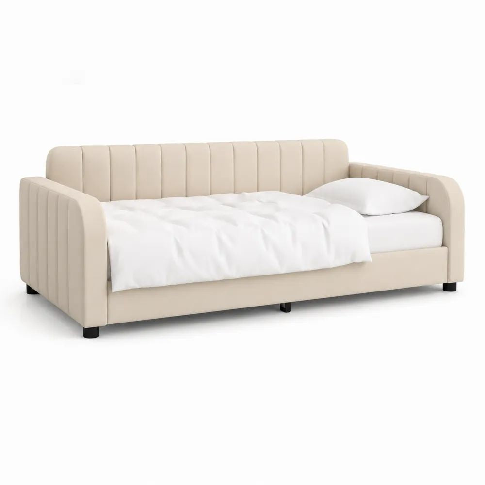 Lit-banquette rembourré en tissu beige avec sommier à lattes, couchage 90 × 200 cm, dimensions 212 × 100 × 85 cm