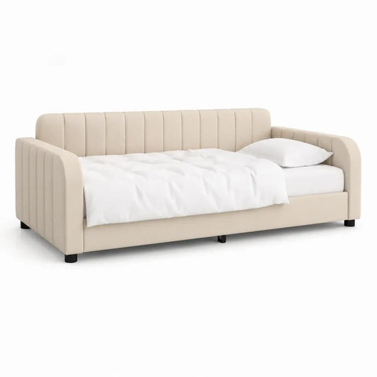 Lit-banquette rembourré en tissu beige avec sommier à lattes, couchage 90 × 200 cm, dimensions 212 × 100 × 85 cm