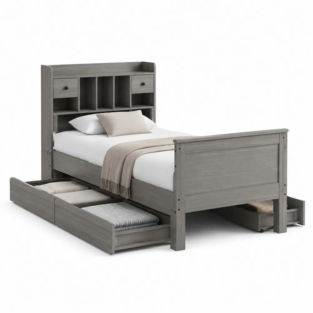 Lit double 140 x 190 cm en bois et MDF gris, tête de lit bibliothèque, sommier et 6 tiroirs