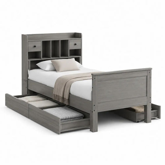 Lit double 140 x 190 cm en bois et MDF gris, tête de lit bibliothèque, sommier et 6 tiroirs