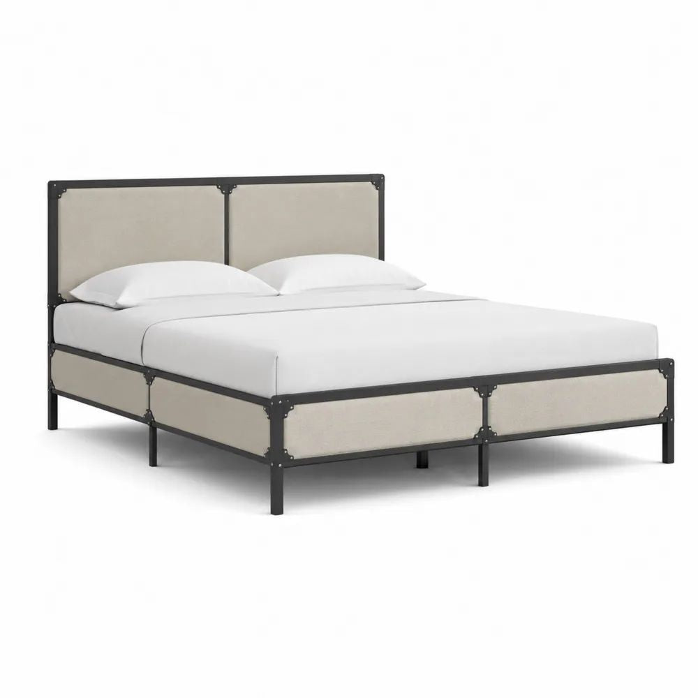 Cadre de lit double 160 × 200 cm en acier et tissu beige et noir avec tête de lit