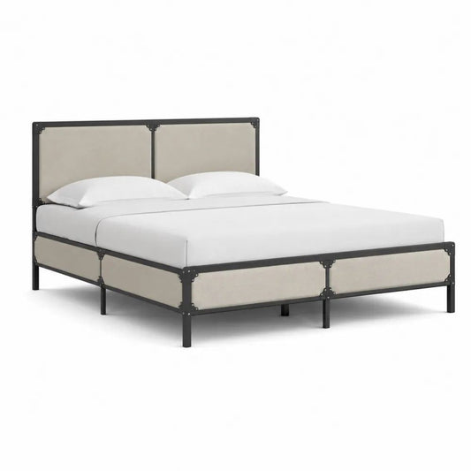 Cadre de lit double 160 × 200 cm en acier et tissu beige et noir avec tête de lit
