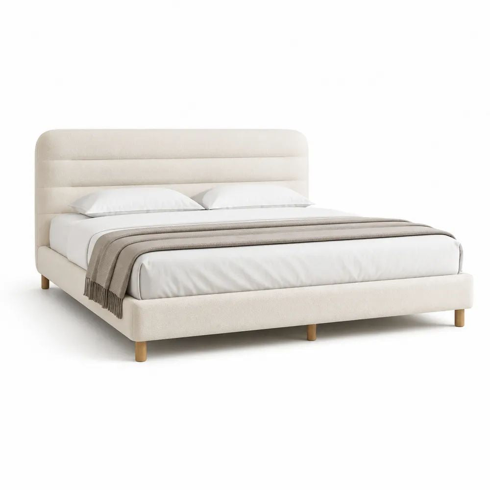 Lit double rembourré 160 x 200 cm en tissu bouclé beige clair avec tête de lit à bandes horizontales et sommier à lattes